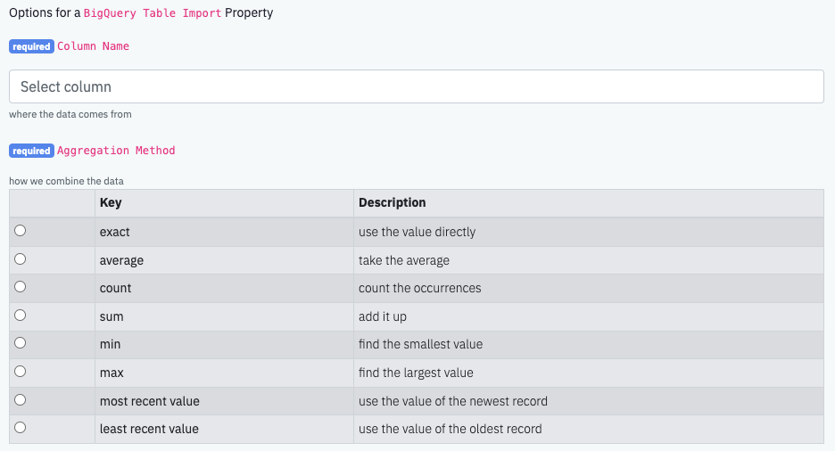 BigQuery Import Table Property Options