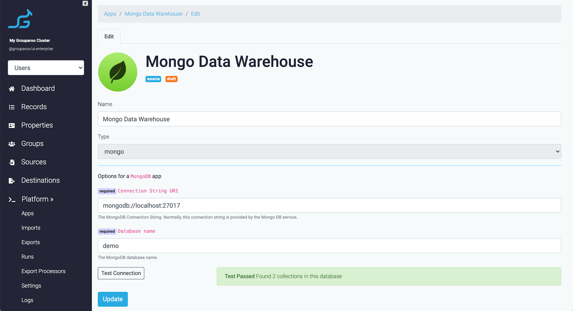 Grouparoo MongoDB settings