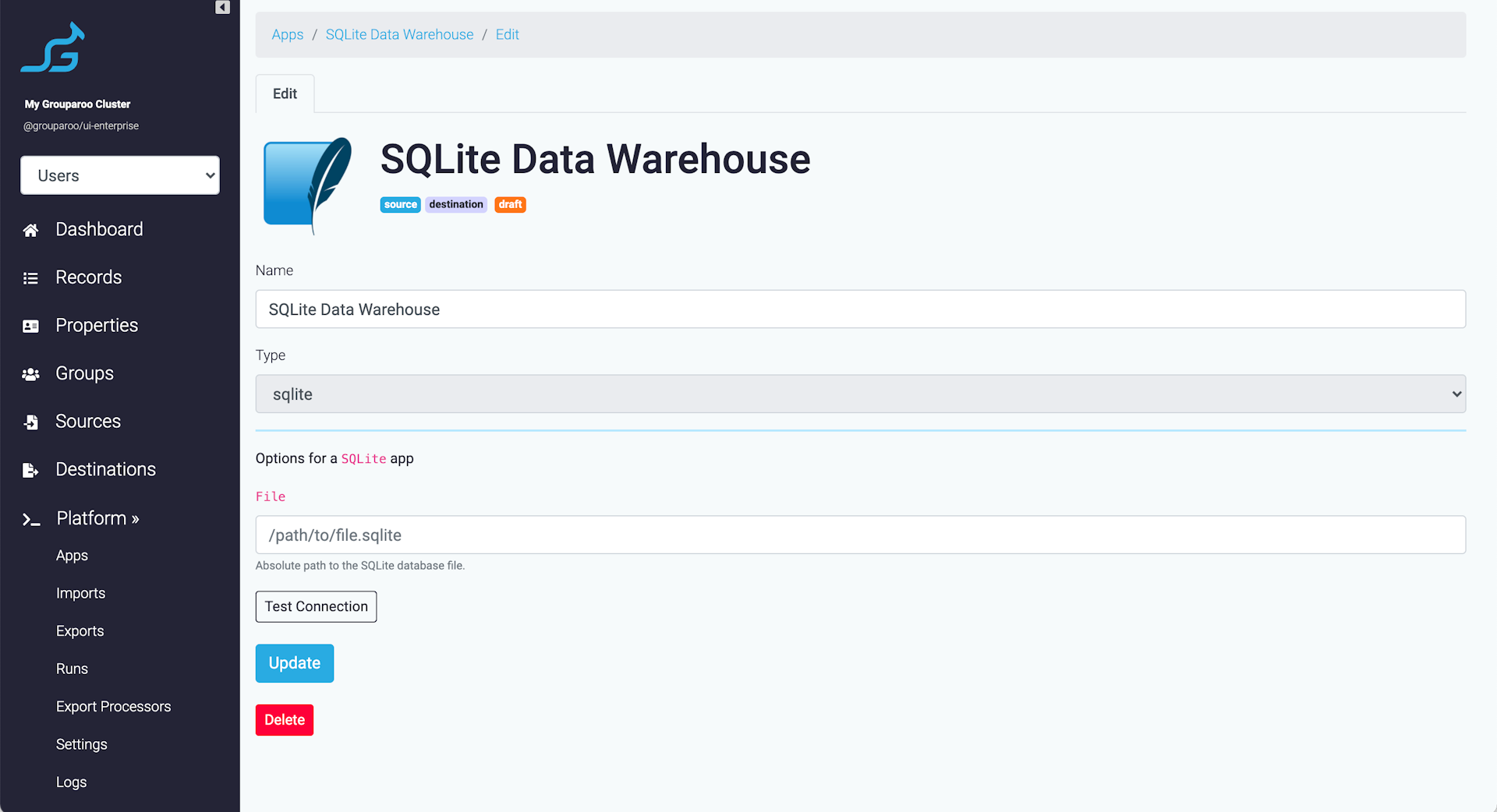 Grouparoo SQLite settings