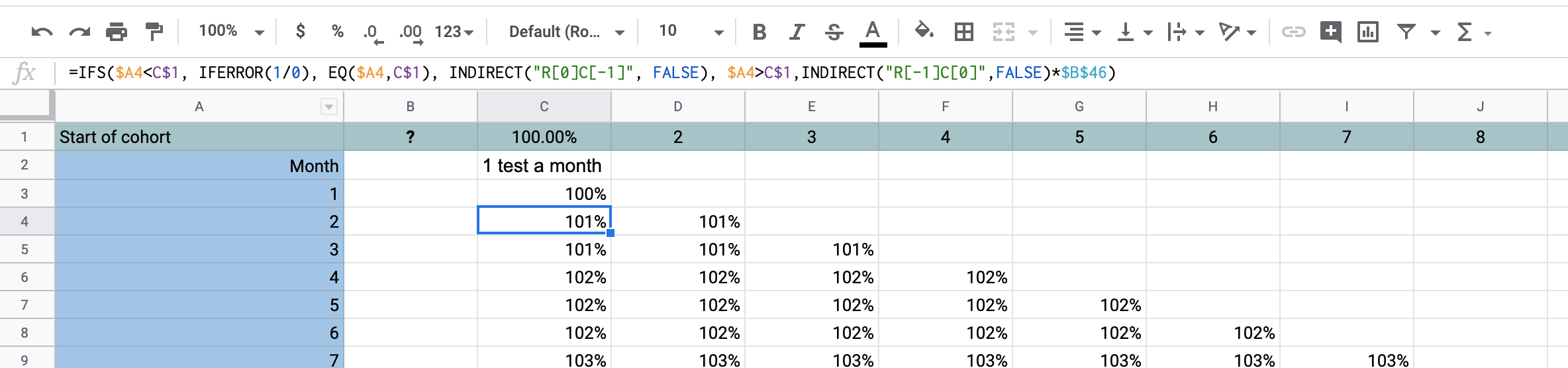 =IFS($A4<C$1, IFERROR(1/0), EQ($A4,C$1), INDIRECT("R[0]C[-1]", FALSE), $A4>C$1,INDIRECT("R[-1]C[0]",FALSE)*$B$46)