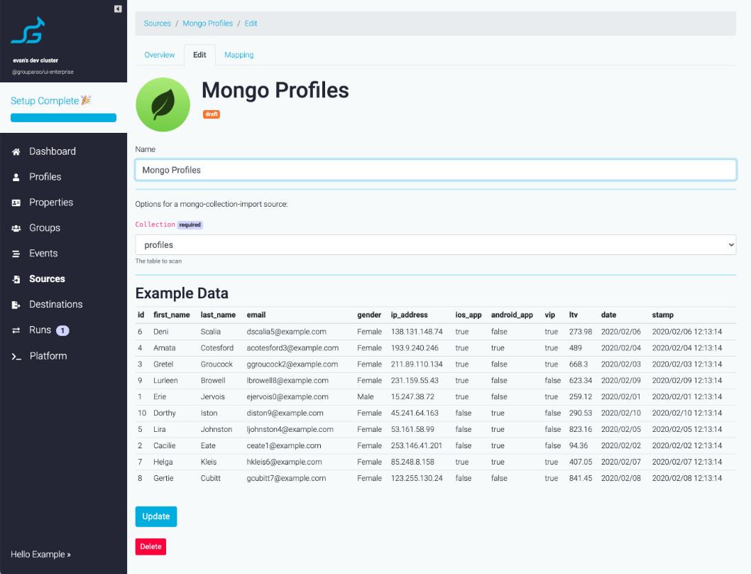 MongoDB profiles data example retrieved using all the retrieved fields.