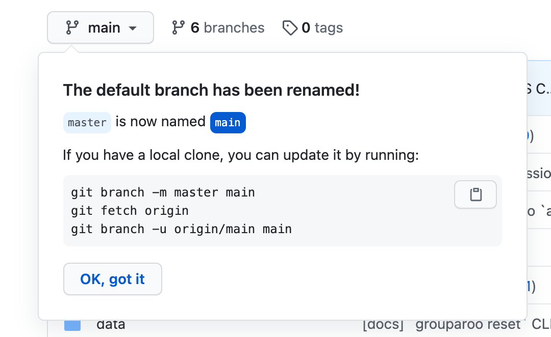 Github screenshot: how to switch to main branch