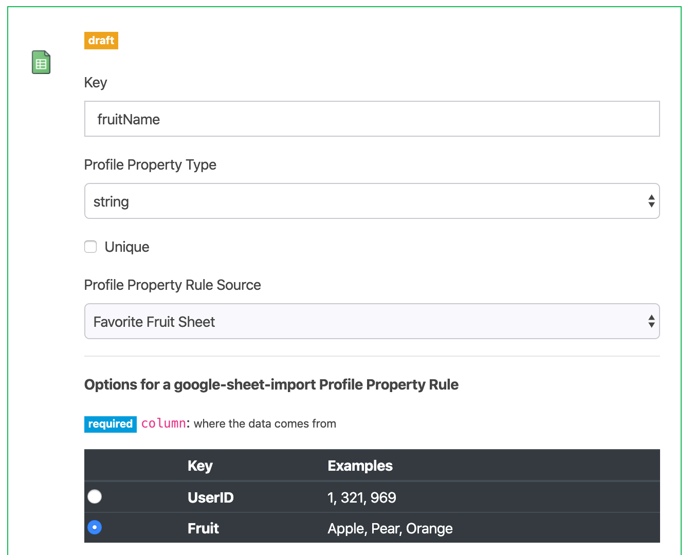 Add a profile property rule for the column