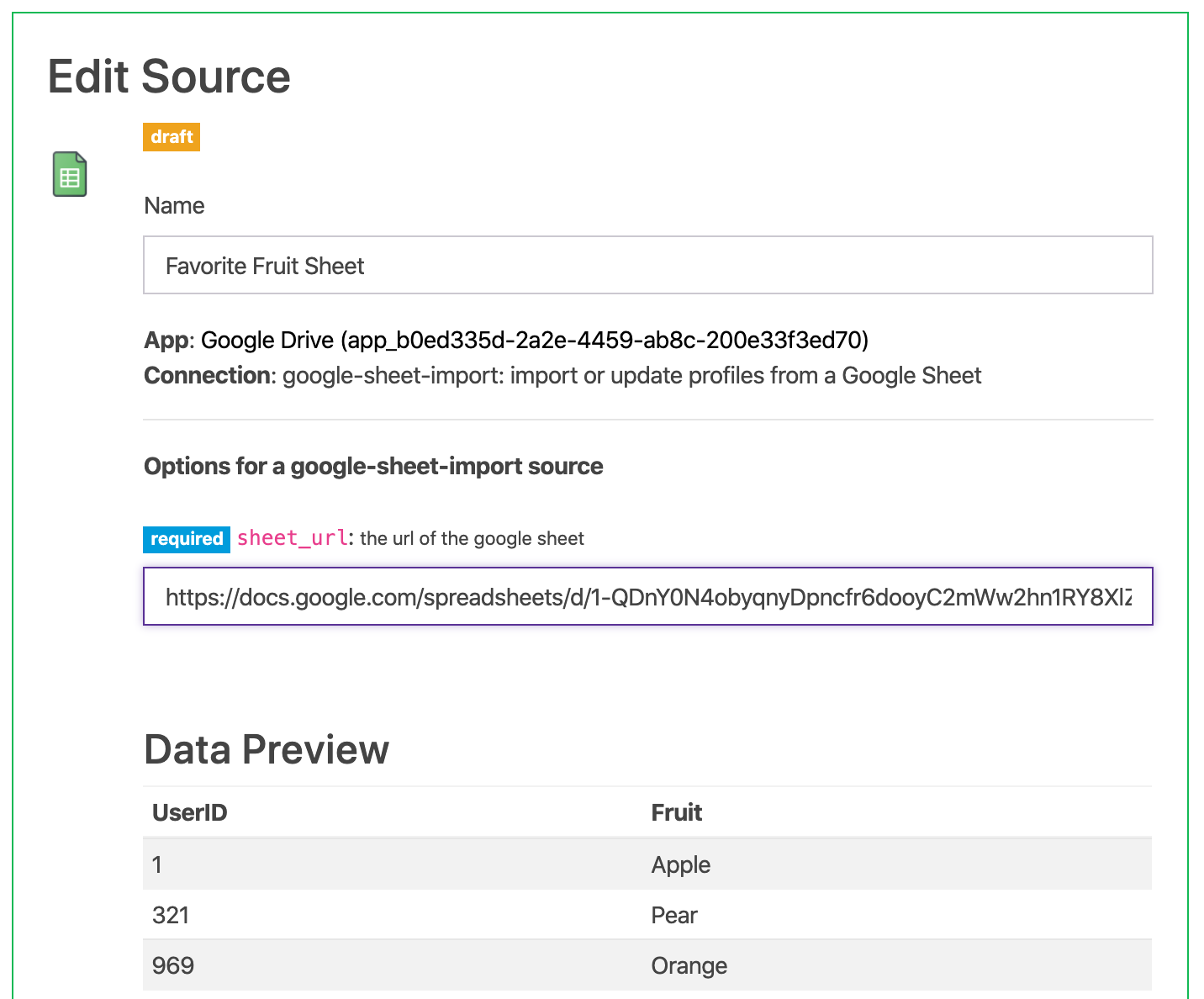 Data preview of new source from Google Sheets