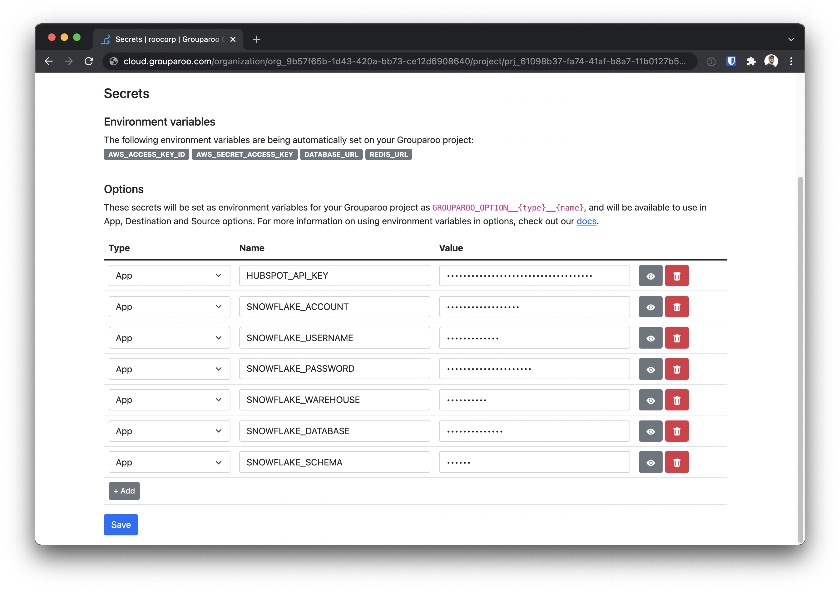 Setting secrets on Grouparoo Cloud