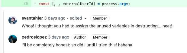 GitHub screenshot: Surprised comments after learning about ignoring variables