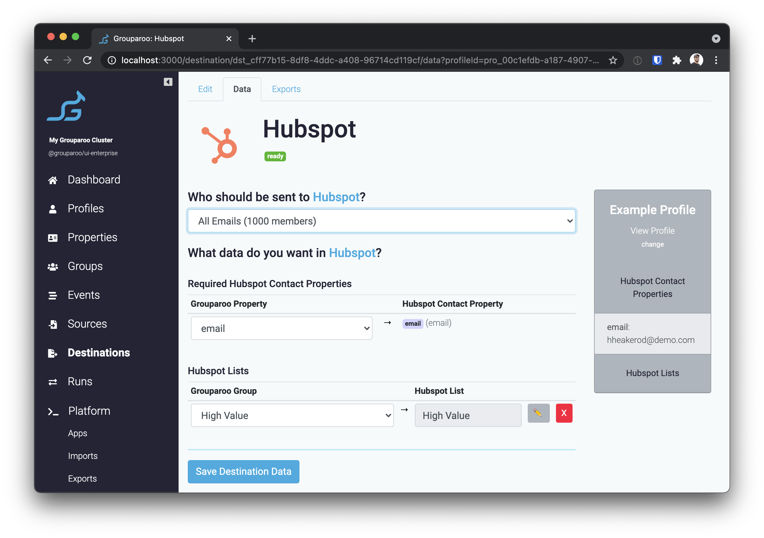 Selecting the destination's tracked group